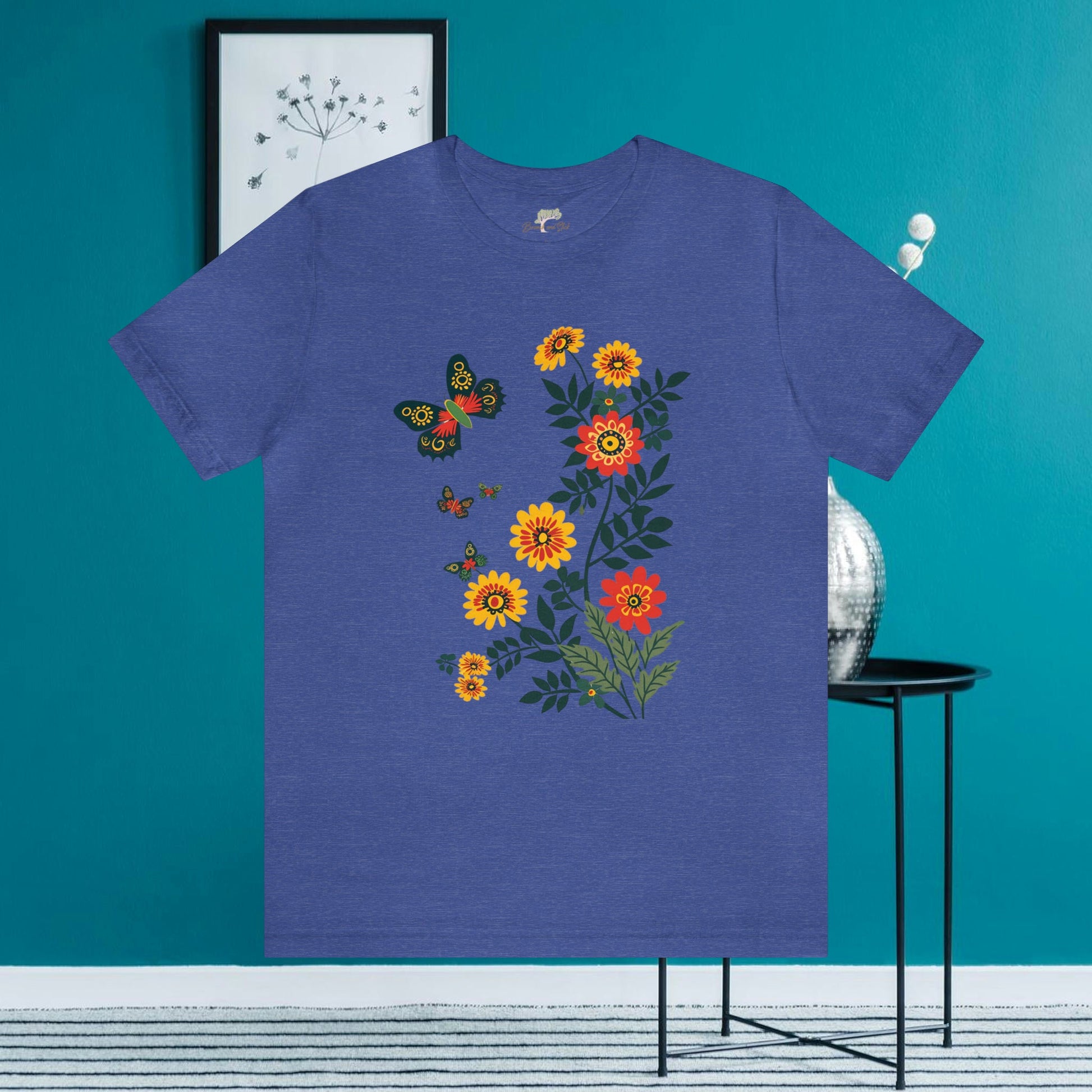 Vibrant Butterfly and Wildflowers T-Shirt | Minimalistic Elegance - Branch and Stick Branch and Stick