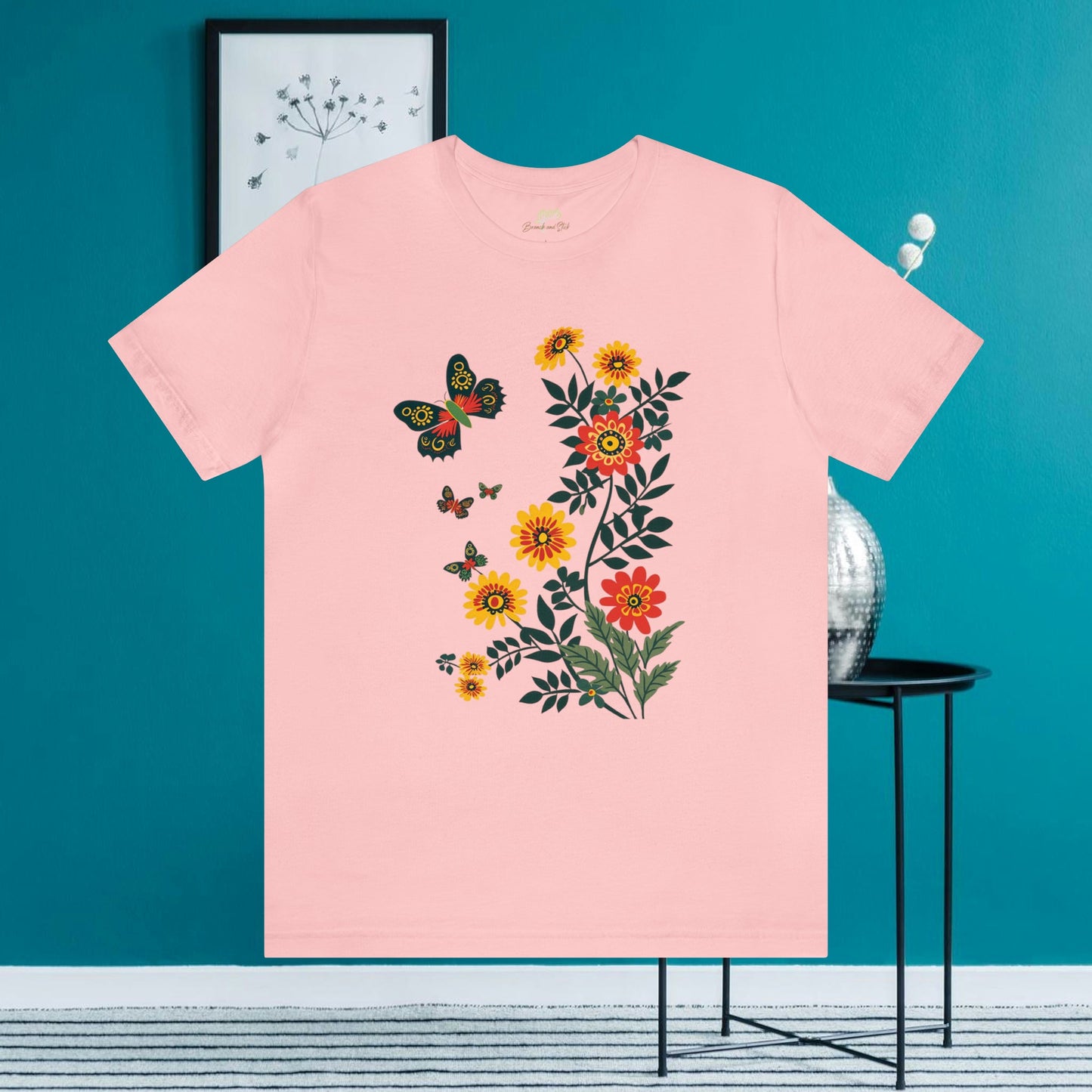 Vibrant Butterfly and Wildflowers T-Shirt | Minimalistic Elegance - Branch and Stick Branch and Stick