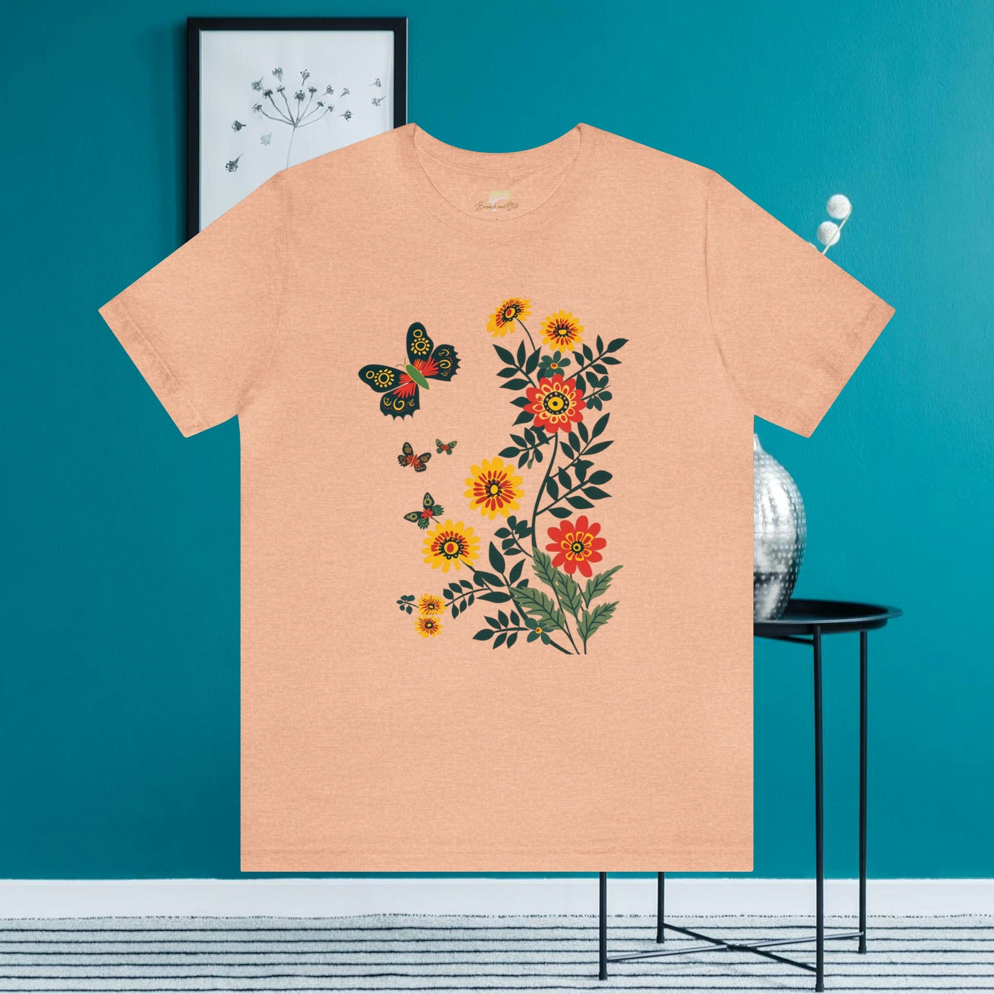 Vibrant Butterfly and Wildflowers T-Shirt | Minimalistic Elegance - Branch and Stick Branch and Stick