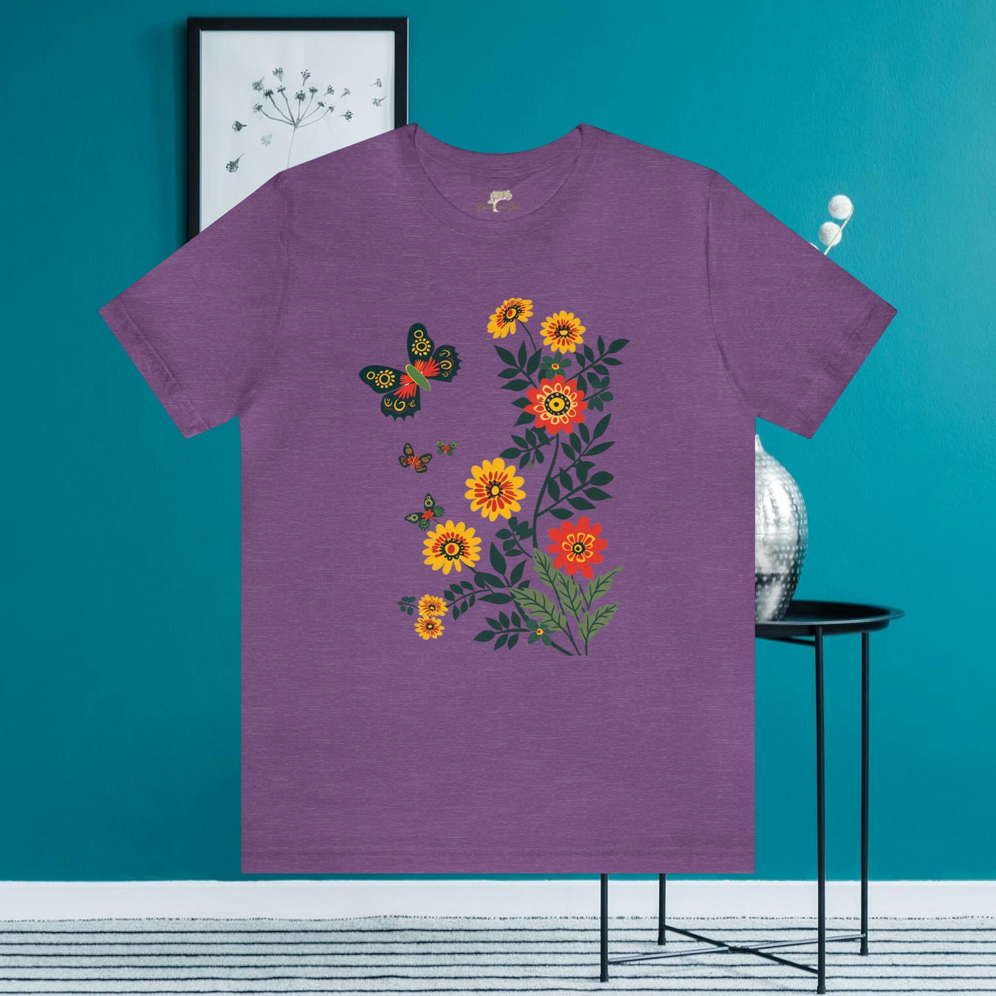 Vibrant Butterfly and Wildflowers T-Shirt | Minimalistic Elegance - Branch and Stick Branch and Stick