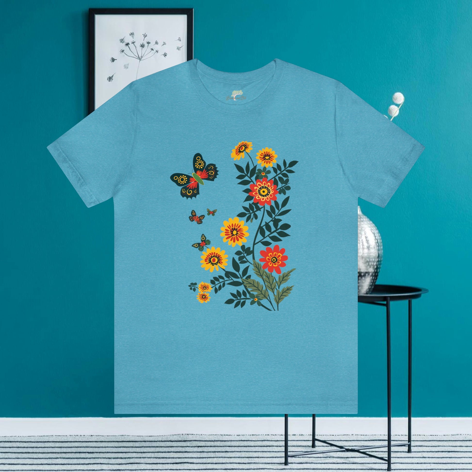 Vibrant Butterfly and Wildflowers T-Shirt | Minimalistic Elegance - Branch and Stick Branch and Stick