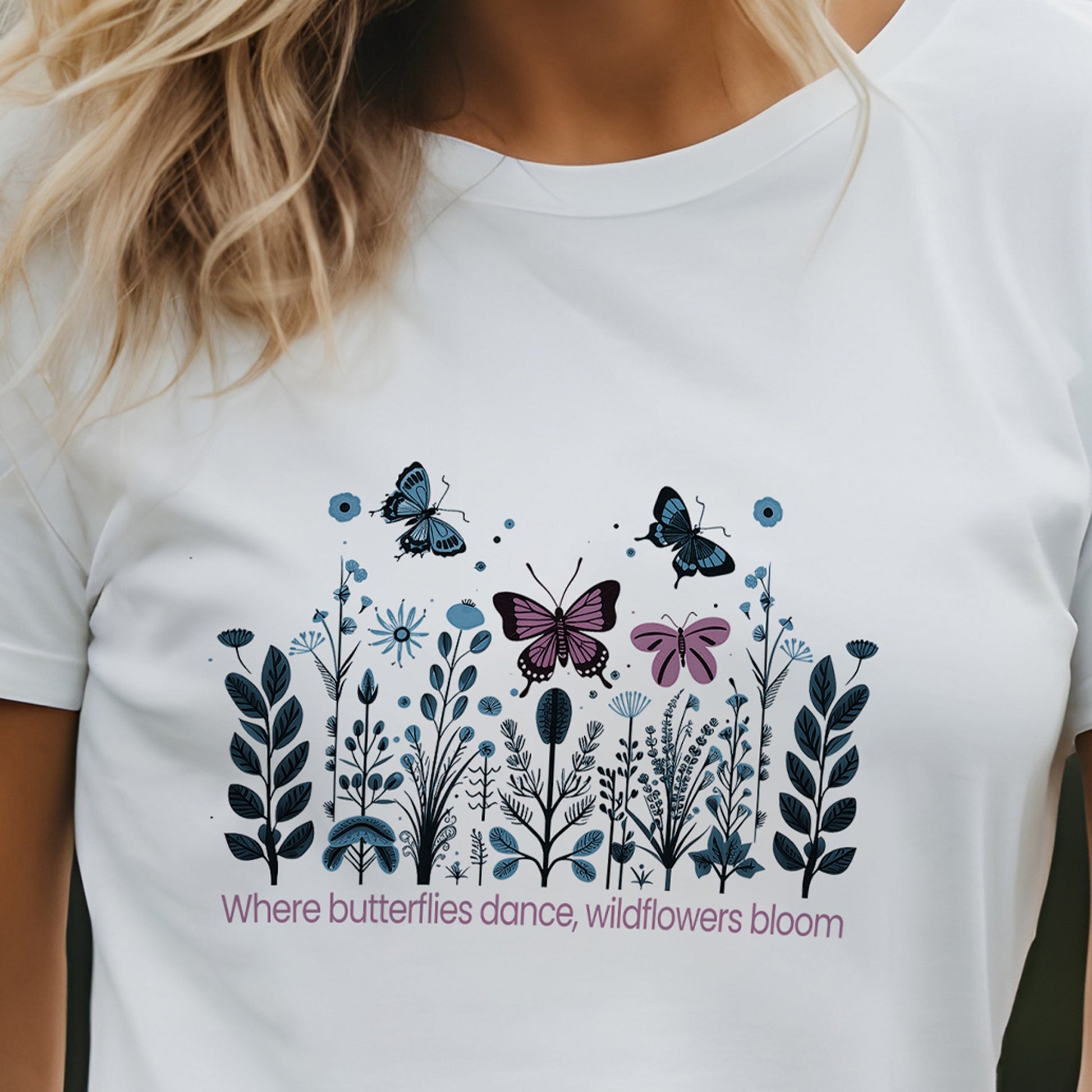 Where Butterflies Dance, Wildflowers Grow Folk Art Design Unisex Tee | Embrace Nature's Elegance Branch and Stick