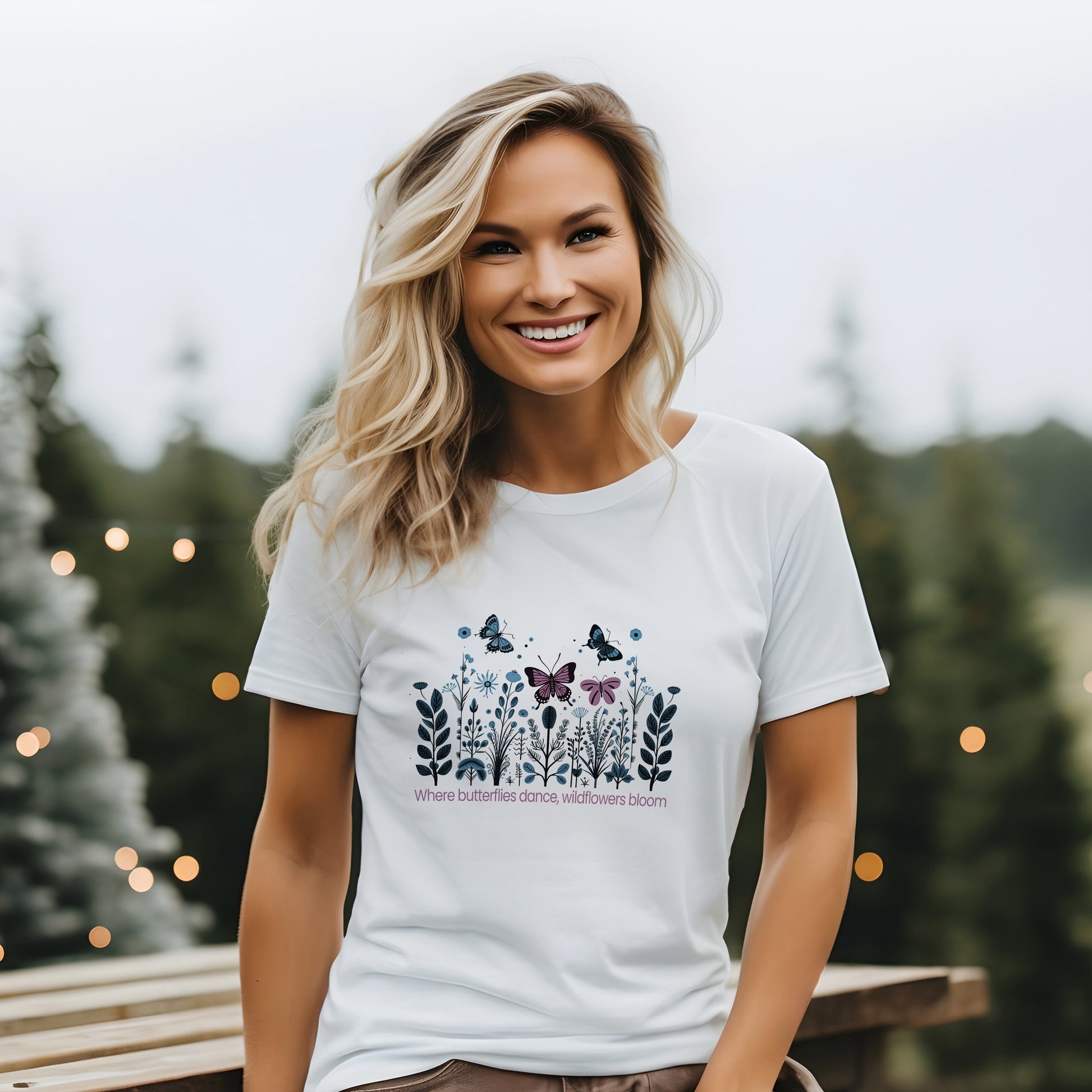 Where Butterflies Dance, Wildflowers Grow Folk Art Design Unisex Tee | Embrace Nature's Elegance Branch and Stick