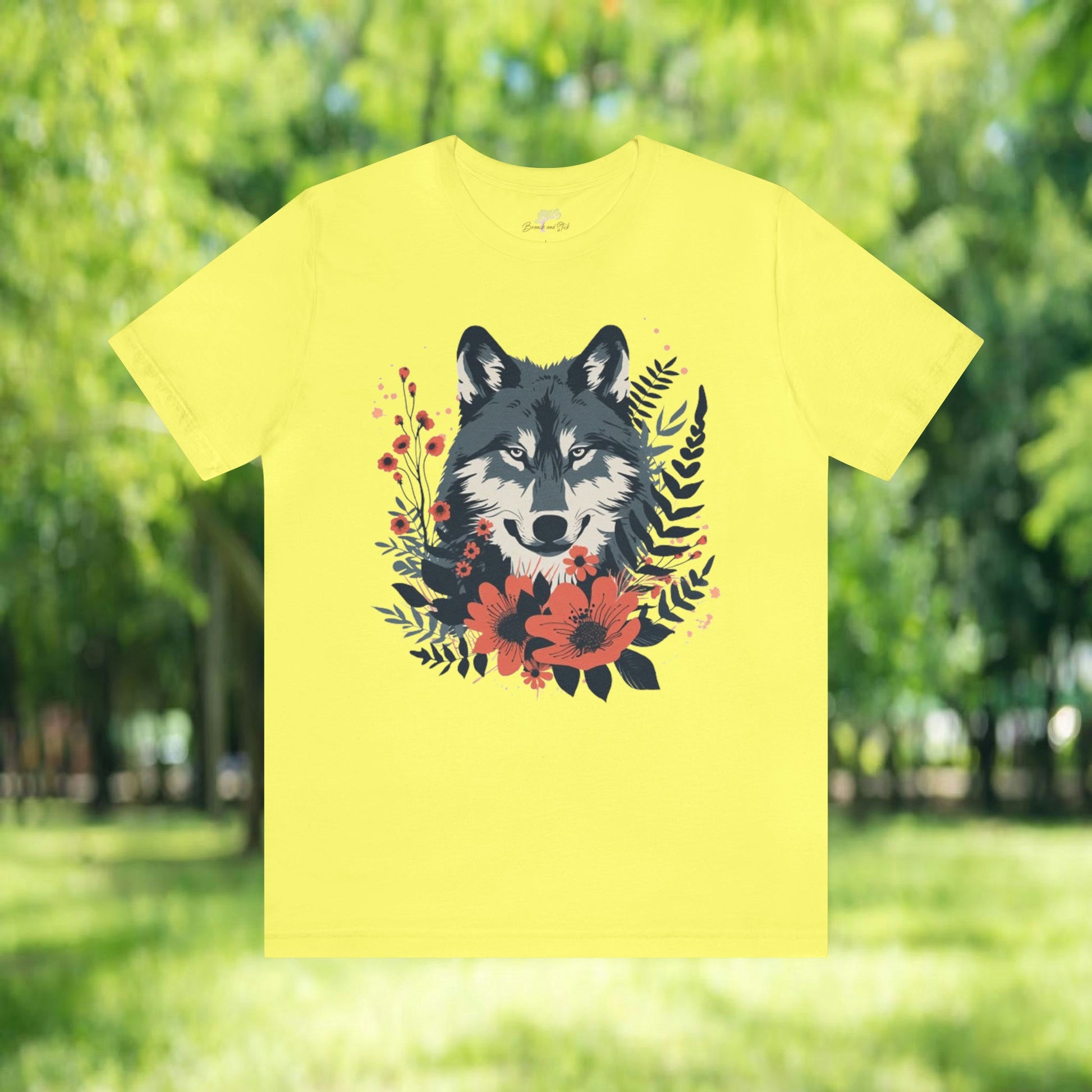 Wolf with Wildflower Animal Design Unisex Tee | Embrace Your Playful Nature Branch and Stick