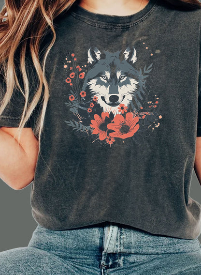 Wolf with Wildflower Animal Design Unisex Tee | Embrace Your Playful Nature Branch and Stick