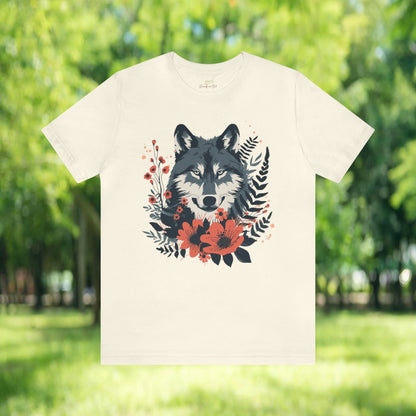 Wolf with Wildflower Animal Design Unisex Tee | Embrace Your Playful Nature Branch and Stick