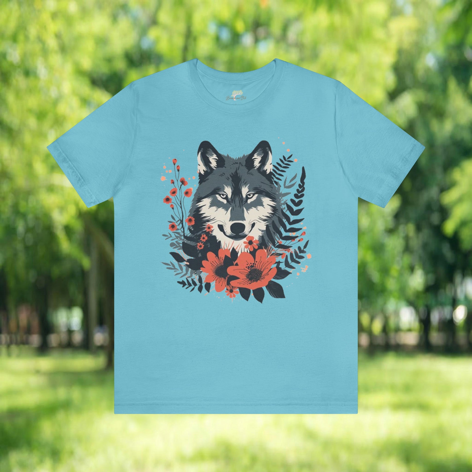 Wolf with Wildflower Animal Design Unisex Tee | Embrace Your Playful Nature Branch and Stick