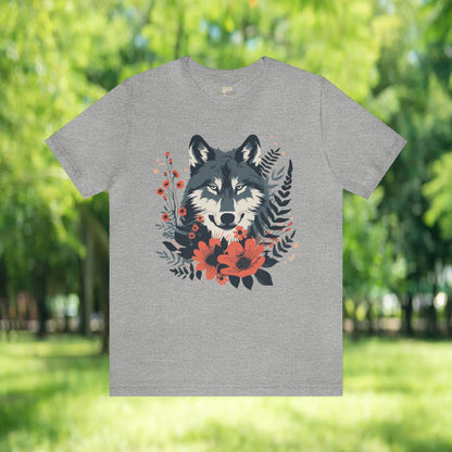 Wolf with Wildflower Animal Design Unisex Tee | Embrace Your Playful Nature Branch and Stick