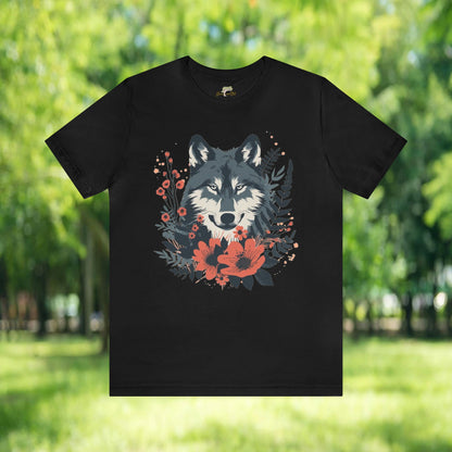 Wolf with Wildflower Animal Design Unisex Tee | Embrace Your Playful Nature Branch and Stick