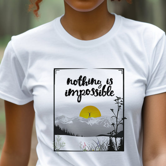 "Nothing Is Impossible" Mountain and Wildflowers Tee - A stunning unisex jersey tee featuring a design of mountains and wildflowers, perfect for the adventurous soul