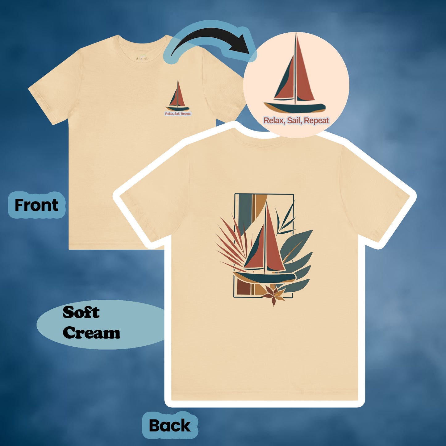 "Relax, Sail, Repeat" 2-Sided Sailboat Scene Tee | Branch and Stick