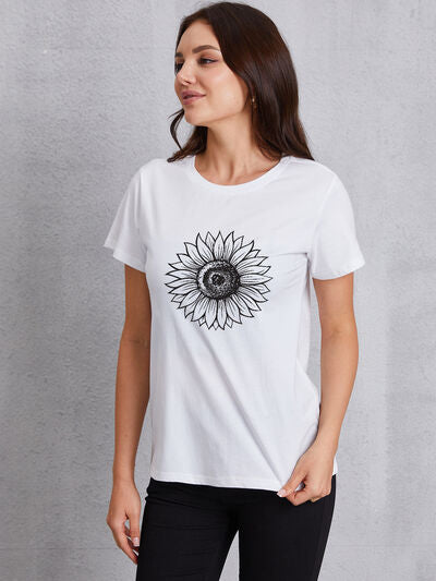 Flower Print Round Neck Short Sleeve T-Shirt